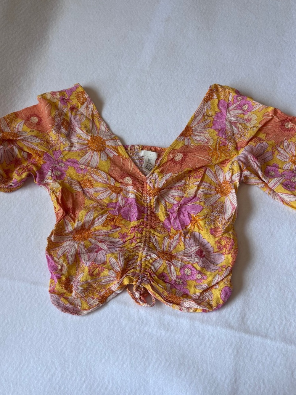 H&M Retro Floral Ruched V-Neck Crop Top Pink Yellow Orange Size M
